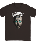 Brun t-shirt med ett mörkt och surrealistiskt motiv av ett dockansikte