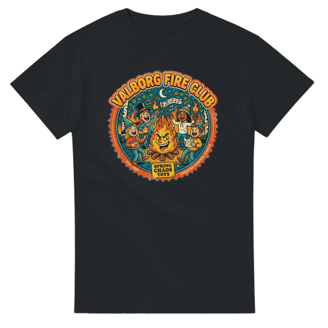 Färgglatt badge-tryck med texten Valborg Fire Club på en svart t-shirt