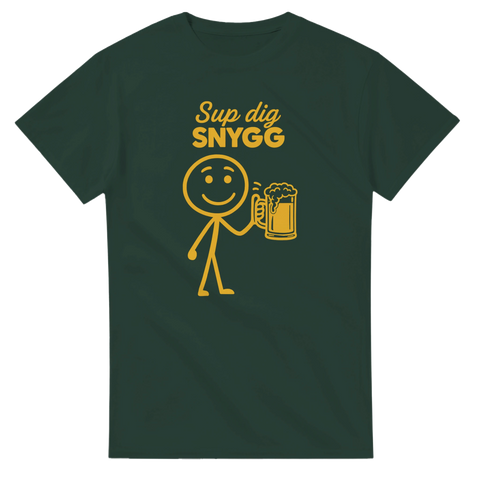 Mörkgrön t-shirt med ironiskt motiv av en glad gubbe med ölsejdel