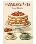 Retroaffisch med motiv av en somrig efterrätt bestående av lager med pannkakor, vispgrädde och färska bär.