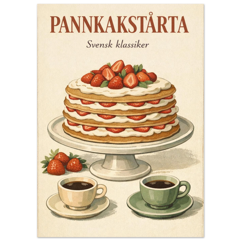 Retroaffisch med motiv av en somrig efterrätt bestående av lager med pannkakor, vispgrädde och färska bär.