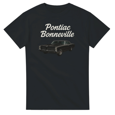 Pontiac Bonneville 1967 svart bil, vit text på mörkgrå t-shirt.