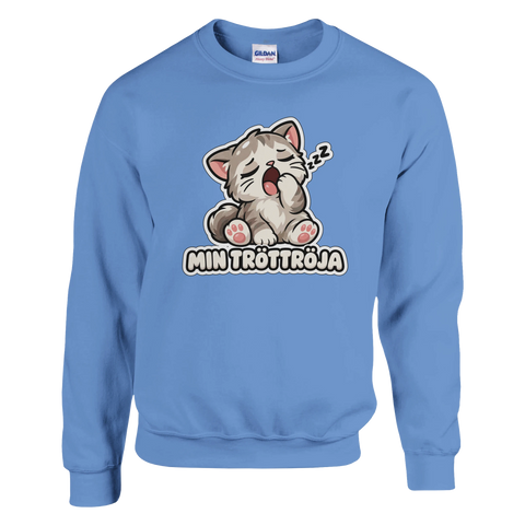 Sömnig kattunge med texten Min Tröttröja på en blå sweatshirt