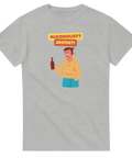 Grå t-shirt med tecknad bild på man med flaska och texten "ALKOHOLIST? JAVISST!"