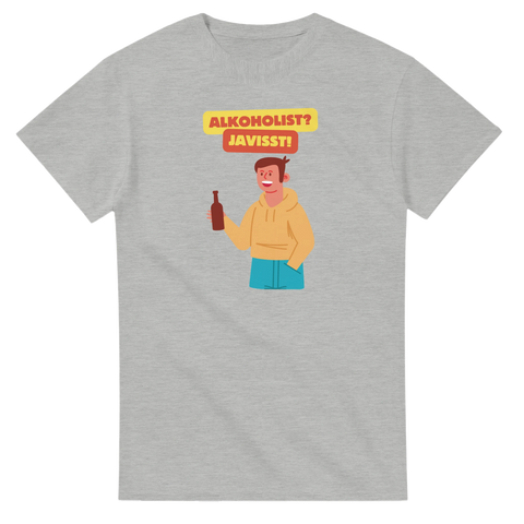 Grå t-shirt med tecknad bild på man med flaska och texten "ALKOHOLIST? JAVISST!"