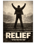 Rocky-parodi med texten "RELIEF - AFTER POO POO TIME" på en t-shirt.