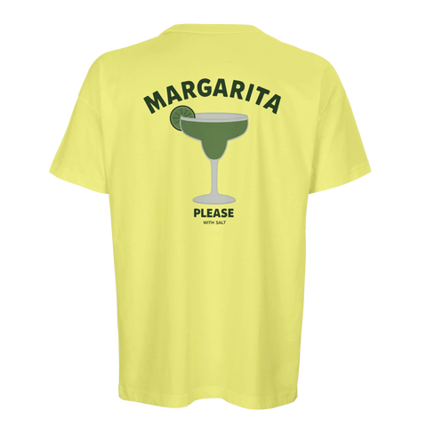 Retro drinkmotiv med texten Margarita Please – gul t-shirt med ryggtryck