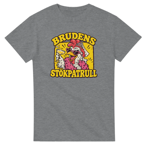 T-shirt med en festglad höna i slöja och texten Brudens stökpatrull