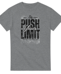 Push Your Limit" t-shirt, grå med svart text i grungy stil, hantel-ikon, "Rise Above the Challenge".