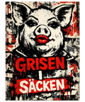 Modern väggkonst med motivet Grisen i säcken i en urban och provocerande stil med tydliga kontraster.
