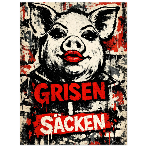 Modern väggkonst med motivet Grisen i säcken i en urban och provocerande stil med tydliga kontraster.