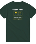 Slicka Fitta" recension med en ledsen stjärna på mörkgrön t-shirt.