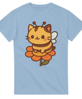 Ljusblå t-shirt med samma motiv: söt katt i bikostym sittandes på en blomma.


