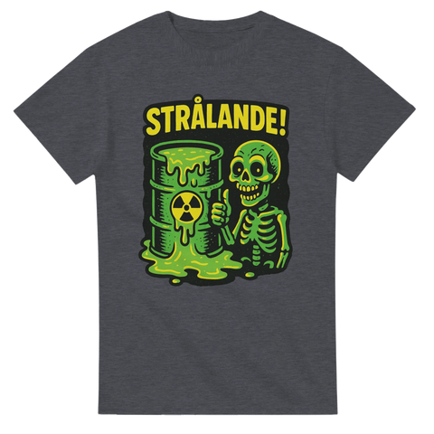 Grå T-shirt med grönt skelett och radioaktiv tunna