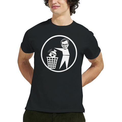 Satiriskt motiv föreställande svensk politik och välfärd på en modern t-shirt