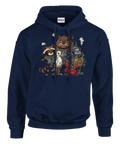 Steampunk-djur: tvättbjörn, björn, fågel, robot, krabba i brunt, grått, rött på mörkblå hoodie.