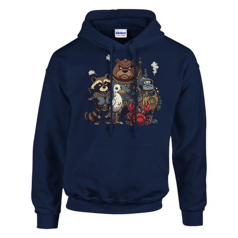 Steampunk-djur: tvättbjörn, björn, fågel, robot, krabba i brunt, grått, rött på mörkblå hoodie.