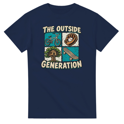 Nostalgiskt tryck med baseballhandske och kojbygge på marinblå t-shirt