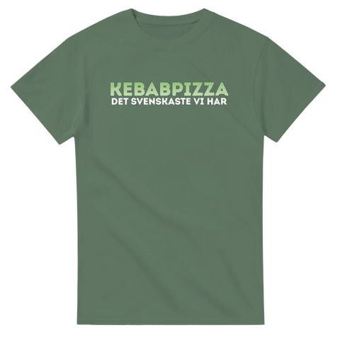Militärgrön t-shirt med stilrent textmotiv för kebabpizza-älskare