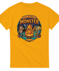 Campfire Monster-tryck med skrämda barn och eldemon på gul t-shirt.