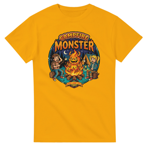 Campfire Monster-tryck med skrämda barn och eldemon på gul t-shirt.