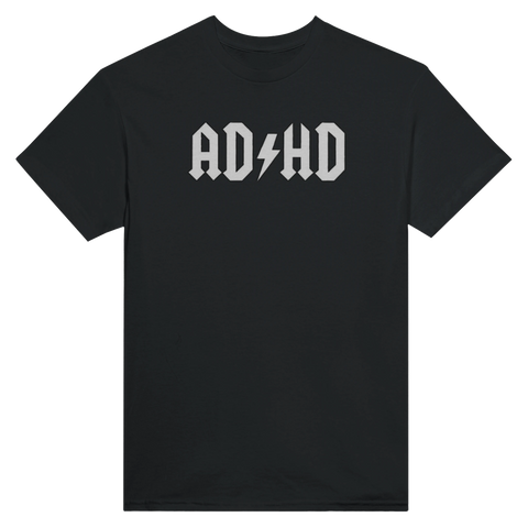 AD/HD text i hårdrocksstil med blixt – grafiskt tryck på svart t-shirt