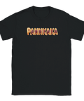 T-shirt med lekfull textdesign föreställande pannkakor med hallonsylt på svart tyg