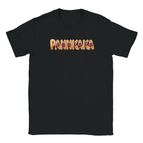 T-shirt med lekfull textdesign föreställande pannkakor med hallonsylt på svart tyg