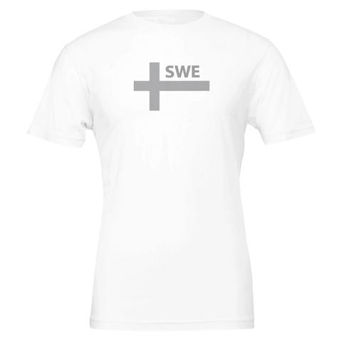 Svensk flagga i grått med texten "SWE" på vit t-shirt.