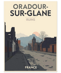 Närbild på en travel poster föreställande historiska byggnadsruiner i Frankrike i mjuka beiga och grå toner.