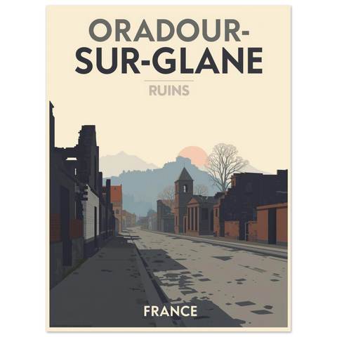 Närbild på en travel poster föreställande historiska byggnadsruiner i Frankrike i mjuka beiga och grå toner.