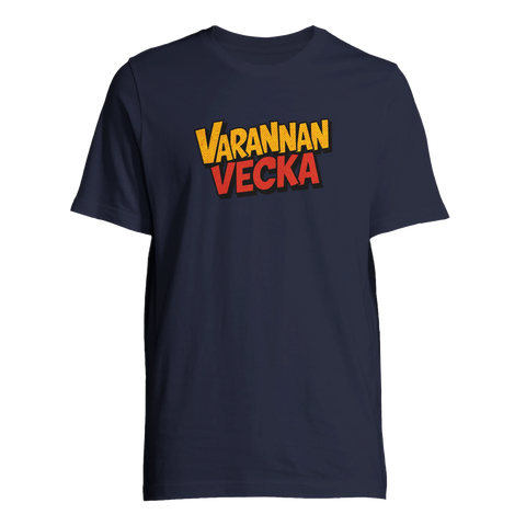 Mörkblå t-shirt med en grafisk illustration av begreppet Varannan Vecka