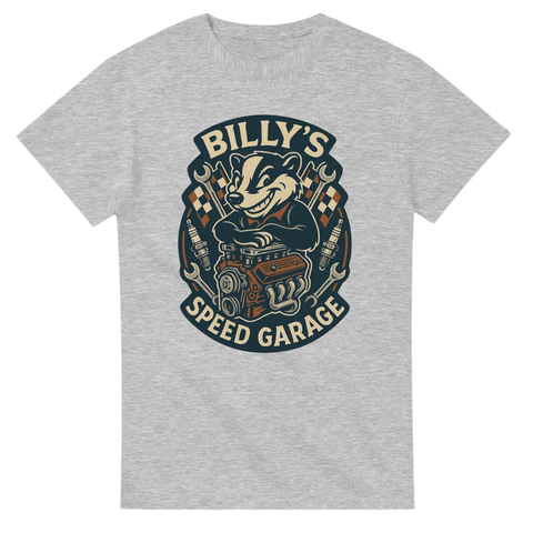 T-shirt med Billy Badger och texten "Billy’s Speed Garage"