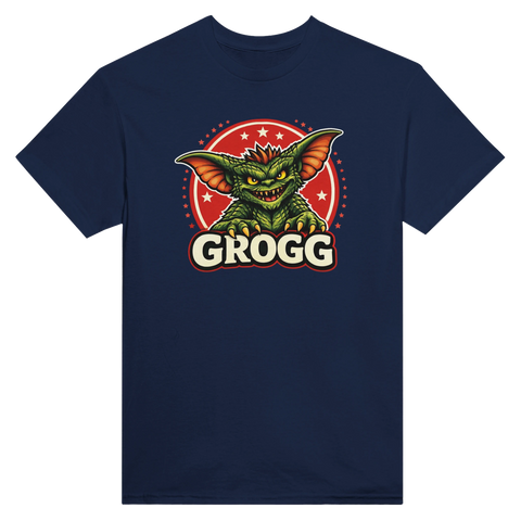 Kaxigt monstermotiv i retrostil med stjärnor och rött emblem – t-shirt med attityd