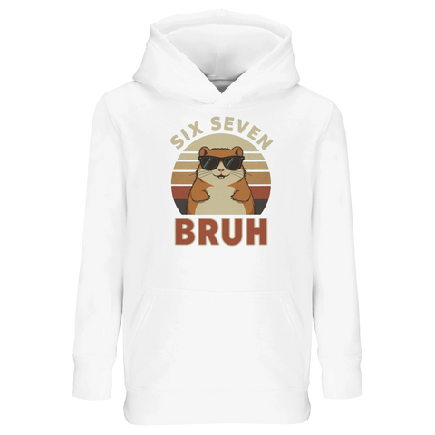 Hamster med solglasögon och texten "Six Seven Bruh" på vit barnhoodie.