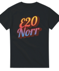 Klassisk svart t-shirt med 70-talsinspirerad typografi och kraftig skugga