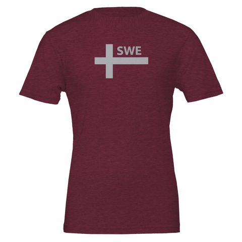 Svensk flagga med "SWE" tryck på mörkröd t-shirt.