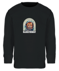 Humoristisk sweatshirt med en mjaustronaut i rymdhjälm på svart bas