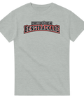 Gråmelerad t-shirt med texten Dags för en bensträckare i collegebokstäver.