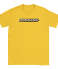 Gul t-shirt med blockig Mindcrap-logotyp i pixelartad retrostil