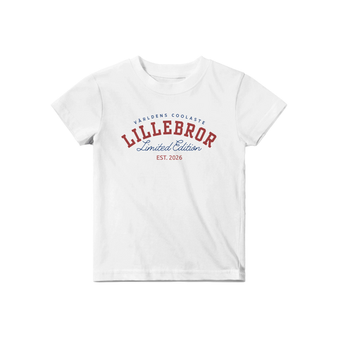 Världens coolaste lillebror Limited Edition" tryck i rött och blått på vit baby t-shirt.