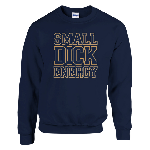 SMALL DICK ENERGY" text i college-stil på marinblå sweatshirt.