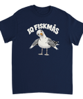 Marinblå t-shirt med en tecknad mås och texten IQ Fiskmås.