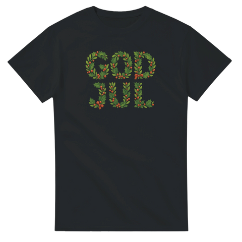 Stilren julgrafik med texten God Jul i form av mistelkransar – t-shirt