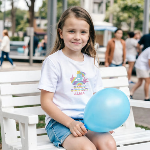 Pop-it enhörning, regnbåge, siffra 5 och text "Happy Birthday Alma" på vit barntröja.