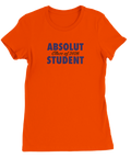 Absolut Student 2026-tryck i mörkblått på orange premium dam t-shirt med rund hals.
