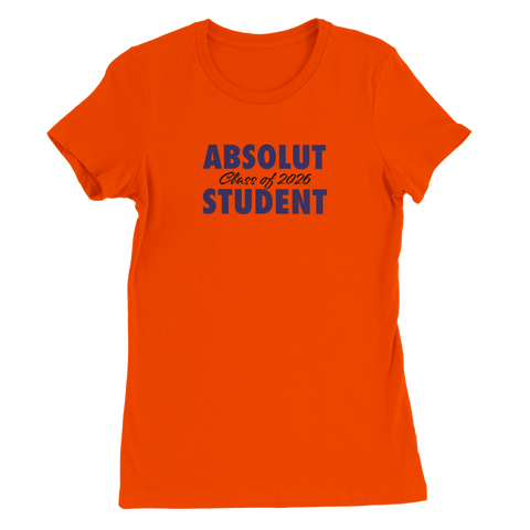Absolut Student 2026-tryck i mörkblått på orange premium dam t-shirt med rund hals.