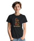 Retro "Mamasaurus" T-Rex med röd bandana, pärlhalsband och text "MAMASAURUS" på svart t-shirt.