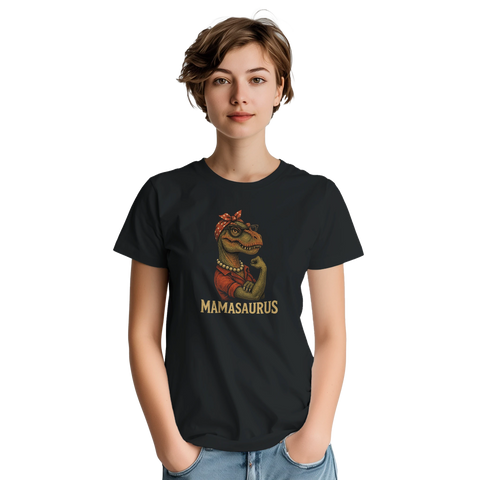 Retro "Mamasaurus" T-Rex med röd bandana, pärlhalsband och text "MAMASAURUS" på svart t-shirt.