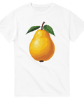 Minimalistisk päronillustration i gult och grönt på vit t-shirt
